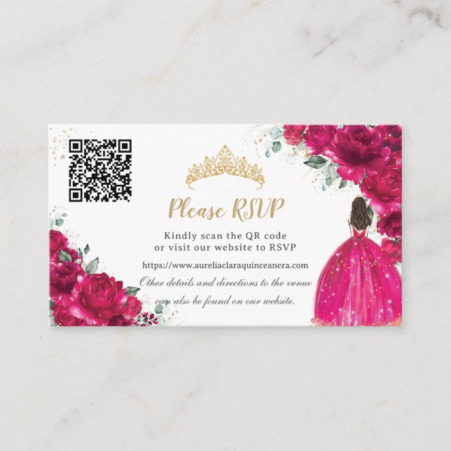 Carte D'accompagnement Fuchsia Pink Floral Gold Quinceañera QR Code (Devant)