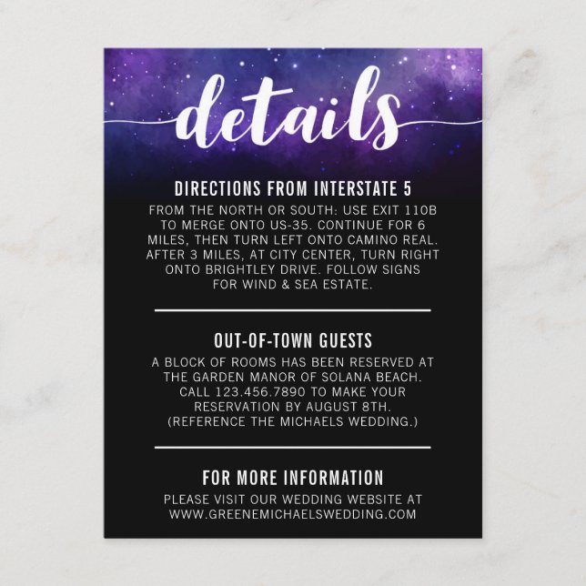 Carte D'accompagnement Galaxie céleste Star Détails du Mariage / Directio (Devant)
