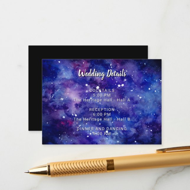Carte D'accompagnement Galaxy Détails du Mariage Aquarelle Nuit étoilée (Devant/Arrière en situation)