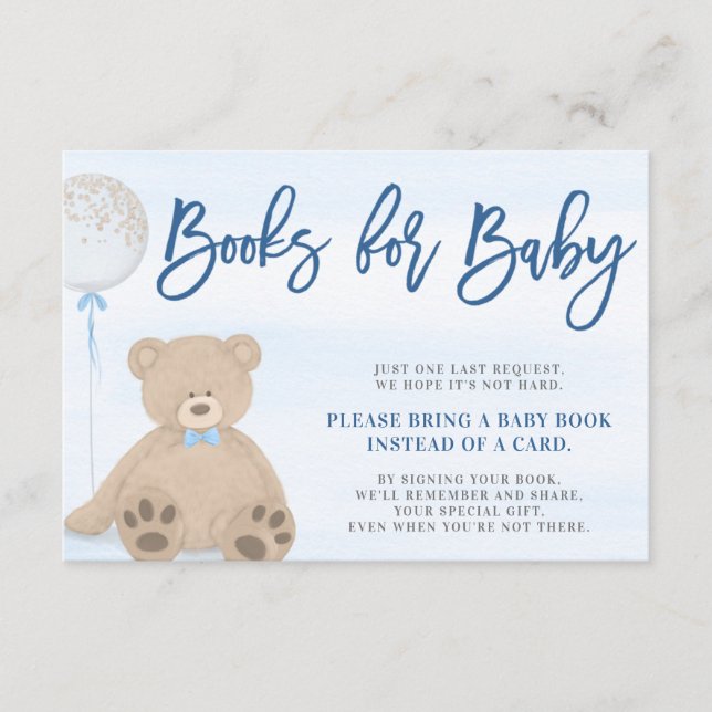 Carte D'accompagnement Garçon Teddy Bear Blue Balloon Apportez un livre (Devant)