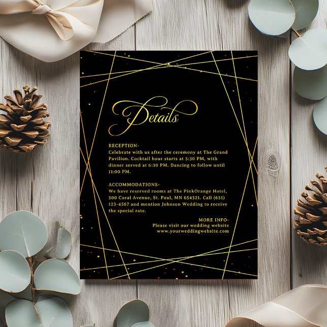 Carte D'accompagnement Geometric Golden Luxury Black Tie Wedding Details (Créateur téléchargé)