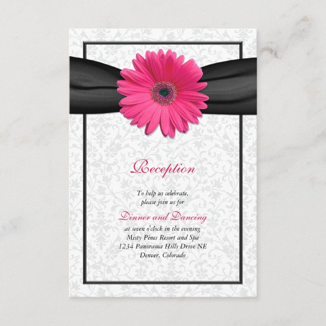 Carte D'accompagnement Gerbera rose Noir Ruban Réception de mariage Inser (Devant)