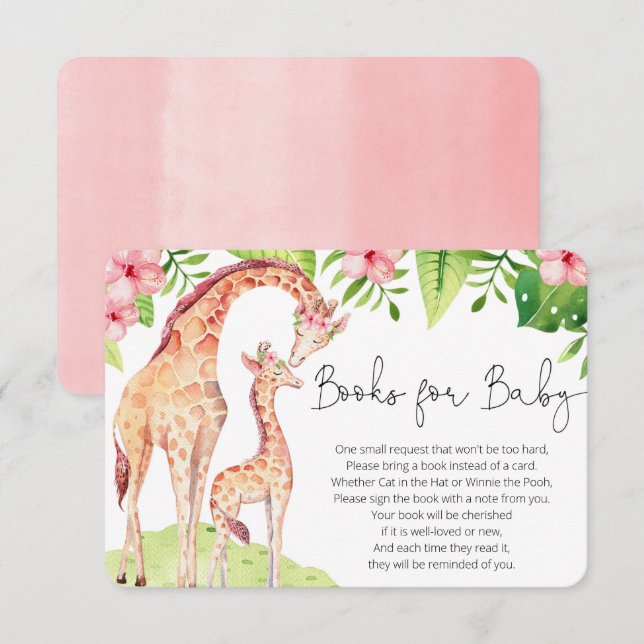 Carte D'accompagnement Girafe tropicale livres de verdure rose pour bébé (Devant / Derrière)