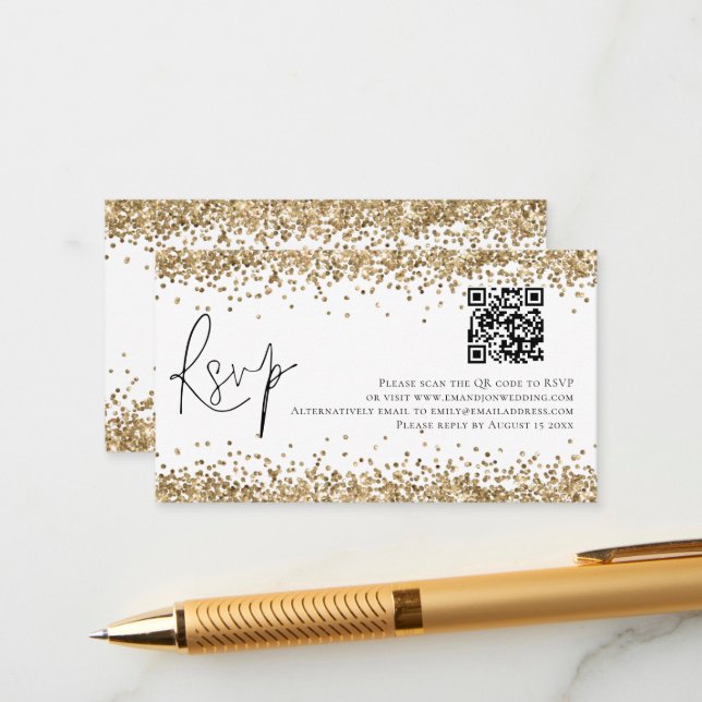 Carte D'accompagnement Glam QR Code Gold Parties scintillant Mariage RSVP (Devant/Arrière en situation)