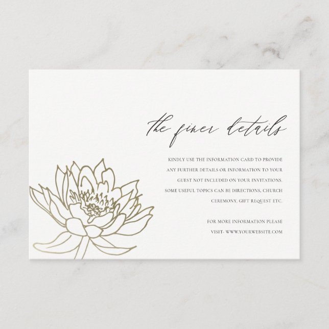 CARTE D'ACCOMPAGNEMENT GLAMOROUS PALE GOLD WHITE LOTUS DÉTAIL FLORAL (Devant)