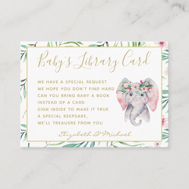 Carte D'accompagnement Gold Baby Library Demande de livre Elephant Floral (Devant)