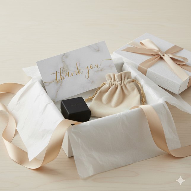 Carte D'accompagnement Gold blanc effet marbre luxe client merci (White marble effect with gold script "thank you" packaging enclosure card.)