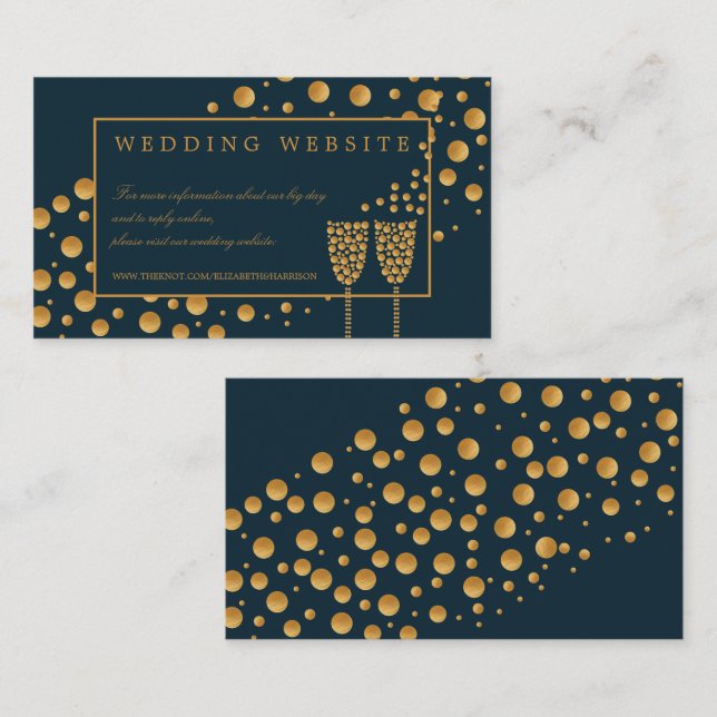 Carte D'accompagnement Gold Champagne Bubbles, Blue & Gold Mariage Détail (Devant / Derrière)