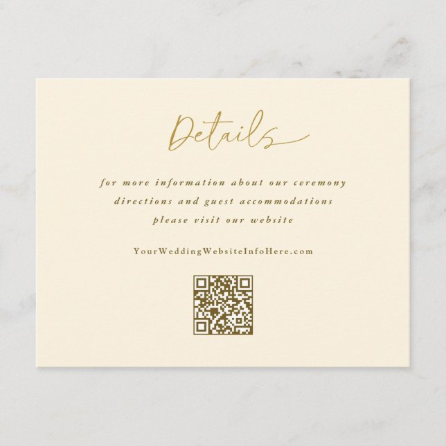 Carte D'accompagnement Gold Cream Mariage Modern Handwriting Détails QR (Devant)