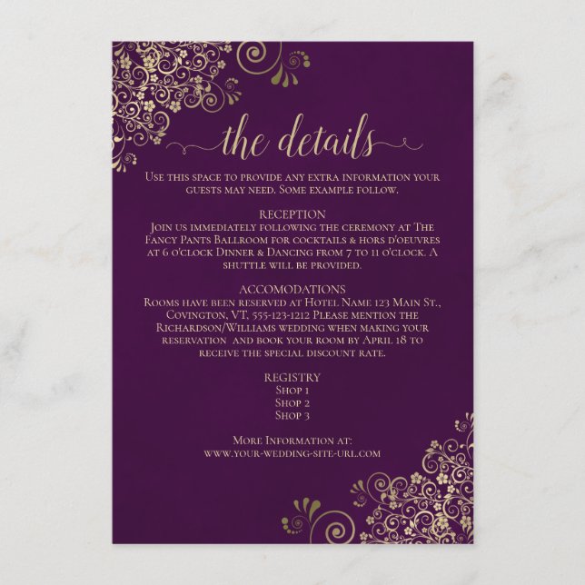 Carte D'accompagnement Gold Frills Elegant Plum Purple Détails du Mariage (Devant)