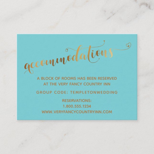 Carte D'accompagnement Gold Heart Script Turquoise Mariage Logements (Devant)