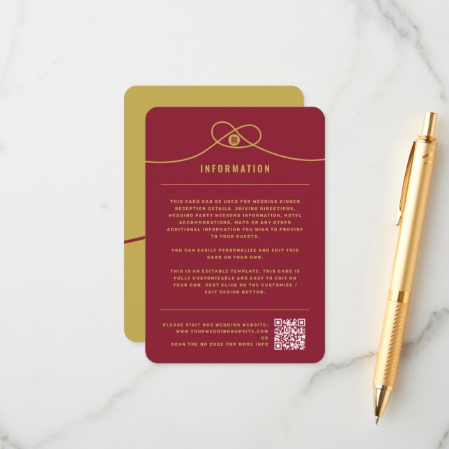 Carte D'accompagnement Gold Knot Union Double Bonheur Mariage chinois (Devant/Arrière en situation)