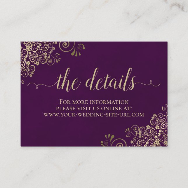 Carte D'accompagnement Gold Lace Chic Plum Purple Détails du Mariage en l (Devant)