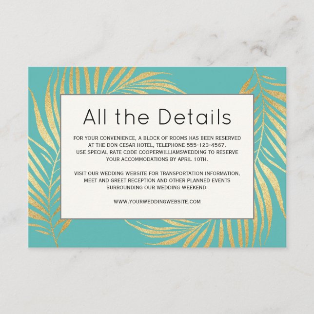 Carte D'accompagnement Gold Palm Frond sur Caribbean Blue Mariage Détails (Devant)