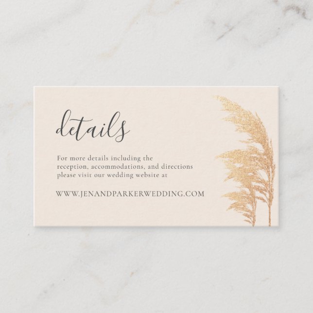 Carte D'accompagnement Gold Pampas Boho Rustic Glam Détails du Mariage (Devant)