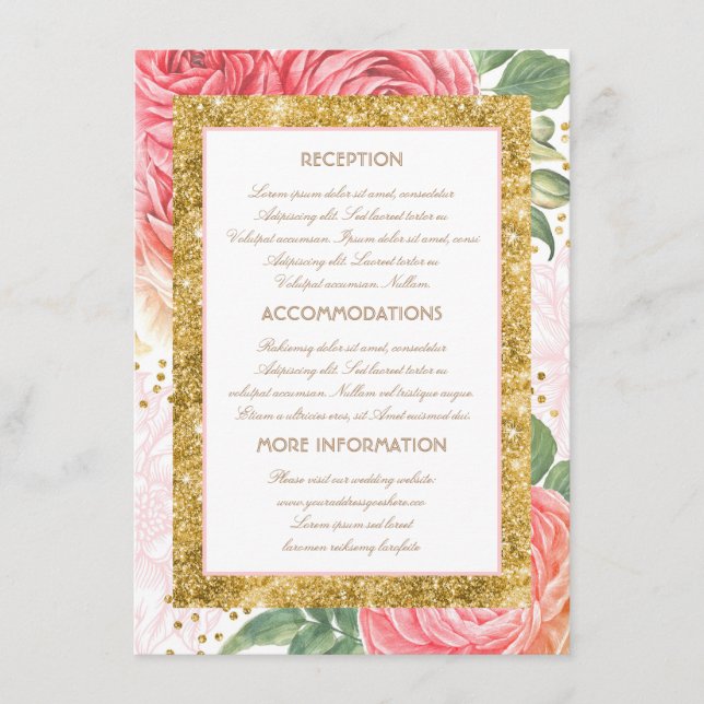 Carte D'accompagnement Gold Parties scintillant Floral Mariage Informatio (Devant)