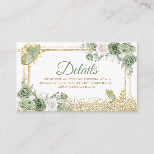 Carte D'accompagnement Gold Quinceañera Sage Green Crown Butterfly Détail (Devant)