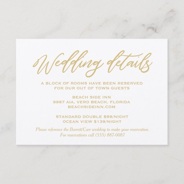 Carte D'accompagnement Gold Script Détails Mariage Hébergements d'hôtel (Devant)