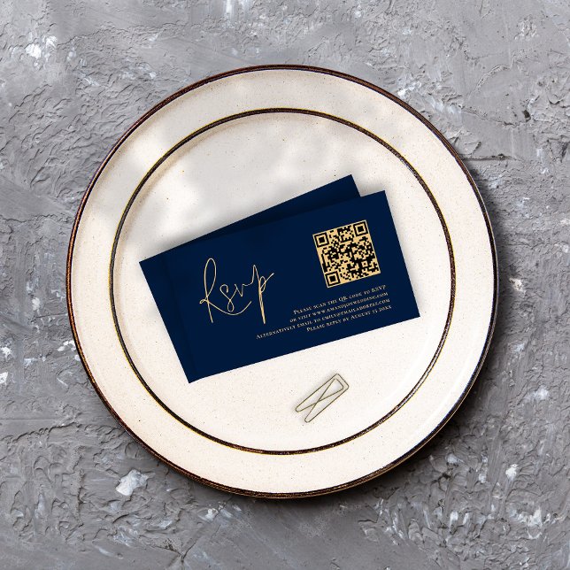 Carte D'accompagnement Gold Script Marine bleu QR Code Mariage RSVP (Créateur téléchargé)