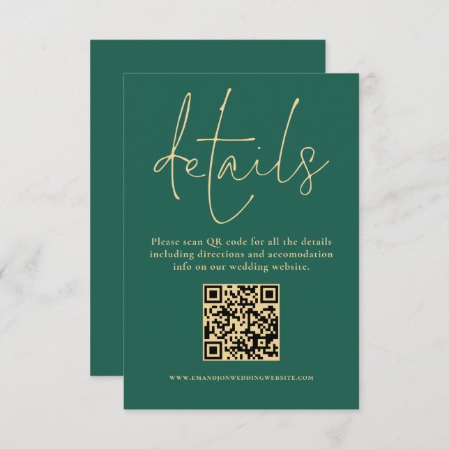 Carte D'accompagnement Gold Text QR Code Mariage Emerald Green Détails (Devant / Derrière)