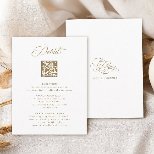 Carte D'accompagnement Gold & White Delicate Elegant Wedding Détails (Front & Back)
