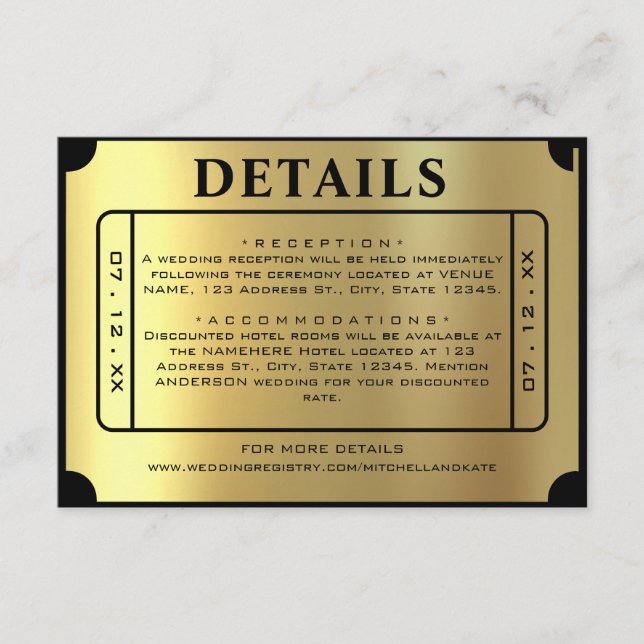 Carte D'accompagnement Golden Ticket Black & Gold Détails du Mariage (Devant)