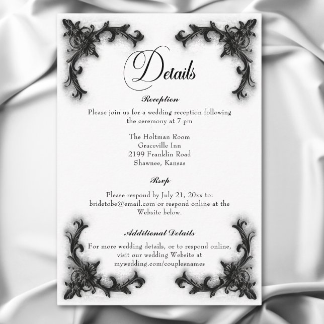 Carte D'accompagnement Gothique noir & blanc Filigree Détails du coeur (Gothic Black & White Filigree Heart Details Enclosure Card)