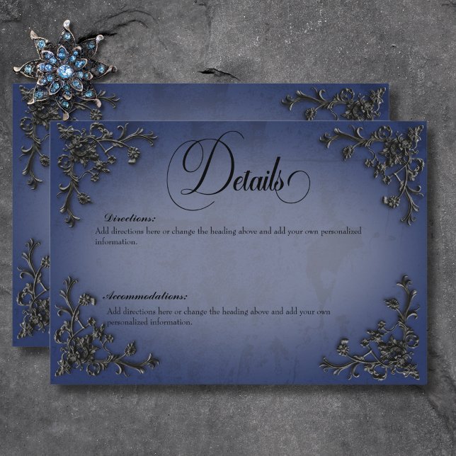 Carte D'accompagnement Gothique Noir & Bleu Filigree Détails du coeur (Gothic Black & Blue Filigree Heart Details Enclosure Card)