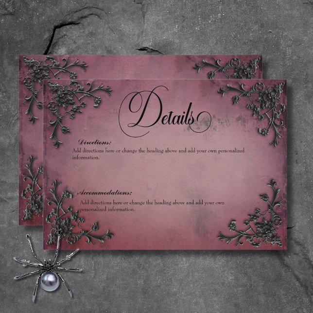 Carte D'accompagnement Gothique Noir & Bourgogne Filigree Détails du coeu (Gothic Black & Burgundy Filigree Heart Details Enclosure Card)