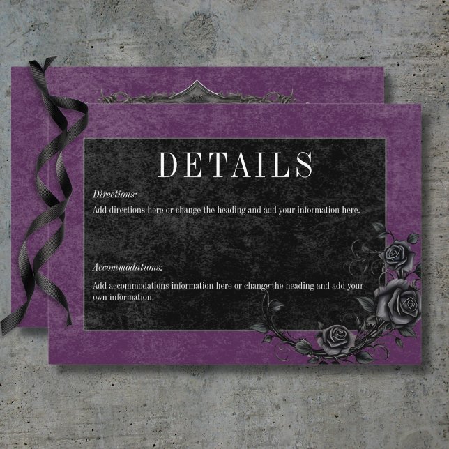 Carte D'accompagnement Gothique noir corbeau & noir Rose pourpre Détails (Gothic Black Raven & Black Roses Purple Details Enclosure Card)