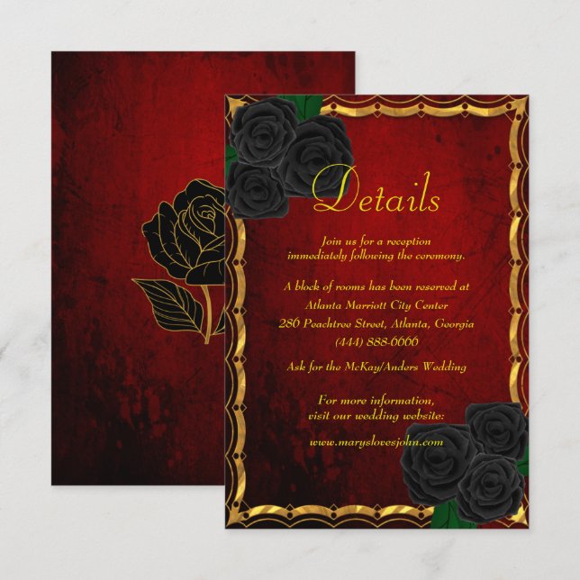 Carte D'accompagnement Gothique Noir Rose sang Rouge Détails du Mariage (Devant / Derrière)