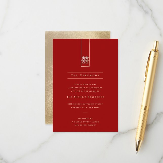 Carte D'accompagnement Grand rectangle or Double Bonheur Mariage asiatiqu (Devant/Arrière en situation)