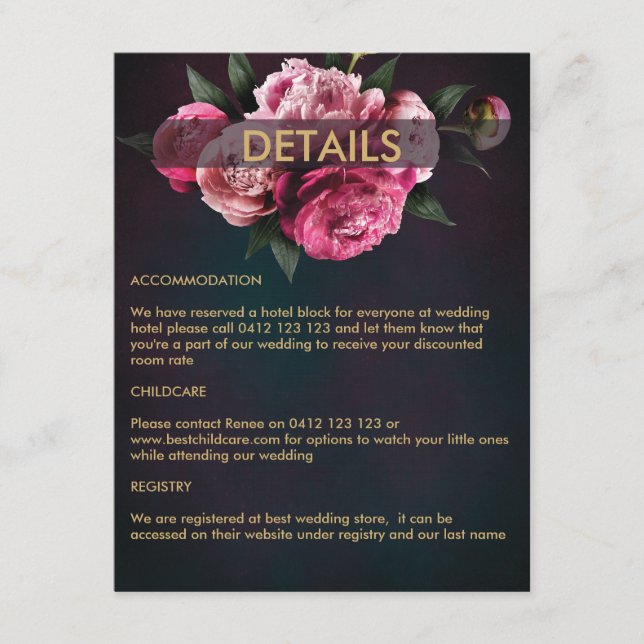 Carte D'accompagnement Gras rose moderne pivoine Mariage chic (Devant)