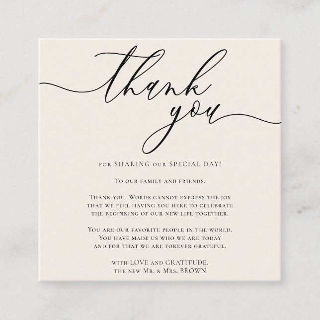 Carte D'accompagnement Gratitude d'ivoire beige Merci de script élégant (Devant)