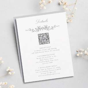 Carte D'accompagnement Gray Elegant Floral QR Code Détails du Mariage