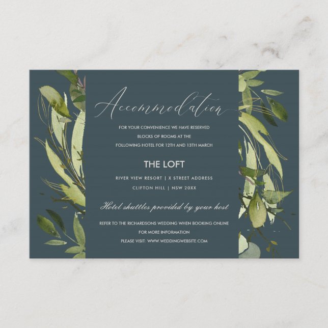 CARTE D'ACCOMPAGNEMENT GRAY LEAFY GREEN FOLIAGE VERT HÉBERGEMENT MARIAGE (Devant)