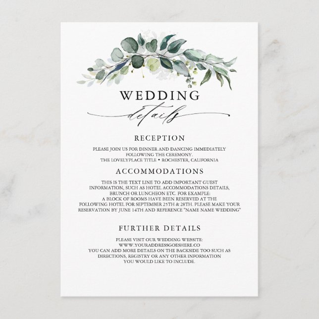 Carte D'accompagnement Green and Eucalyptus Information du Mariage Invité (Devant)