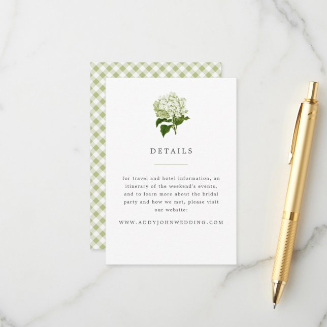 Carte D'accompagnement Green et White et Hydrangea Détails (Devant/Arrière en situation)