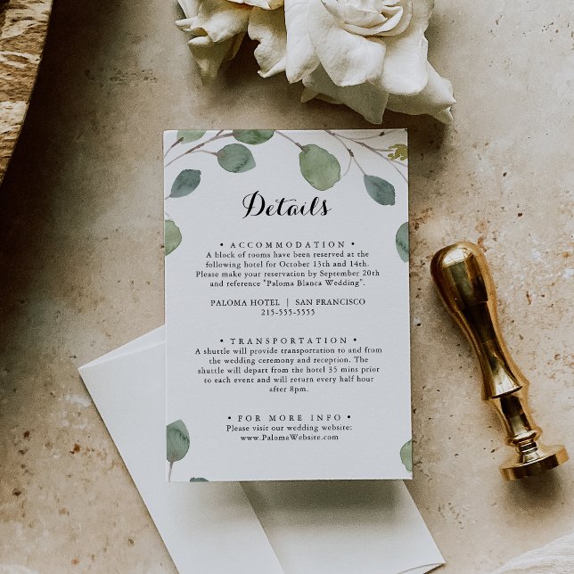 Carte D'accompagnement Green Eucalyptus Calligraphy Détails du Mariage (Créateur téléchargé)