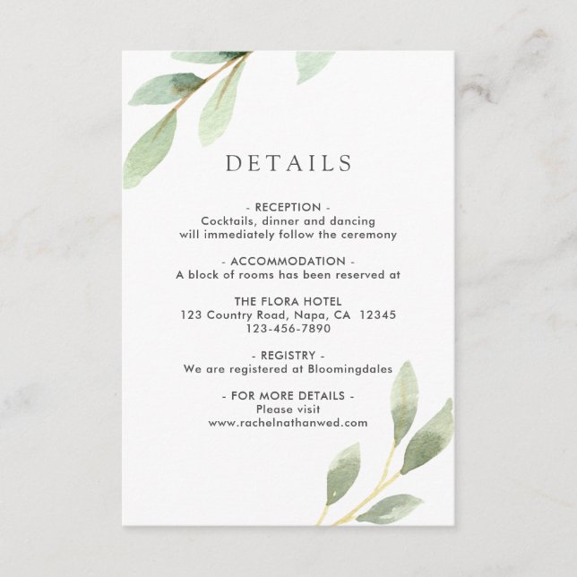 Carte D'accompagnement Green Foliage Botanique Détails du Mariage (Devant)