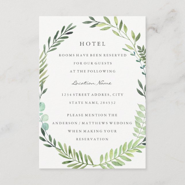 Carte D'accompagnement Green Leaf Wreath Mariage Hôtel Hébergement (Devant)