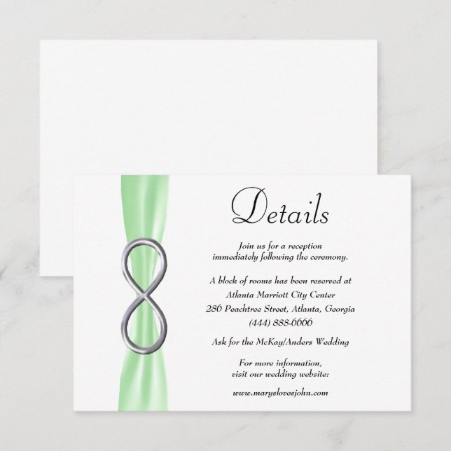 Carte D'accompagnement Green Ribbon Silver Infinity Détails du Mariage (Devant / Derrière)