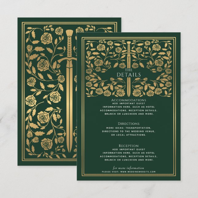 Carte D'accompagnement Green Royal Medieval Sword Détails du Mariage (Devant / Derrière)