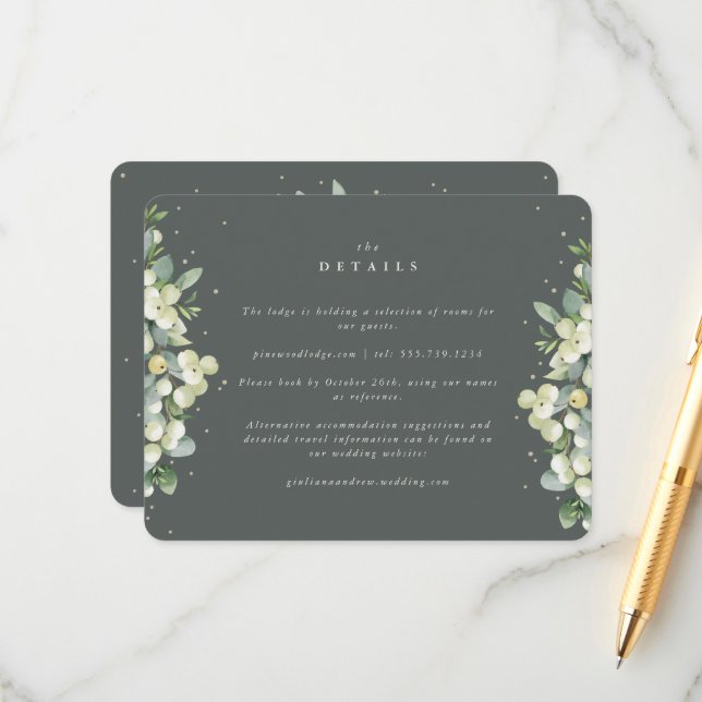 Carte D'accompagnement Green Snowberry+Eucalyptus Eedge Mariage Détails (Devant/Arrière en situation)
