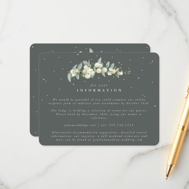 Carte D'accompagnement Green Snowberry+Eucalyptus Stem Mariage Info (Devant/Arrière en situation)