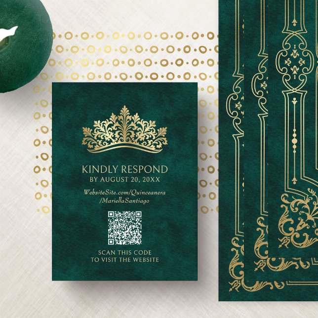 Carte D'accompagnement Green Tiara Crown QR RSVP Quinceanera (Créateur téléchargé)