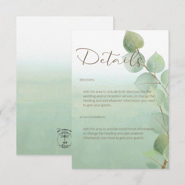 Carte D'accompagnement Green Watercolor Wash Eucalyptus Détails (Devant / Derrière)