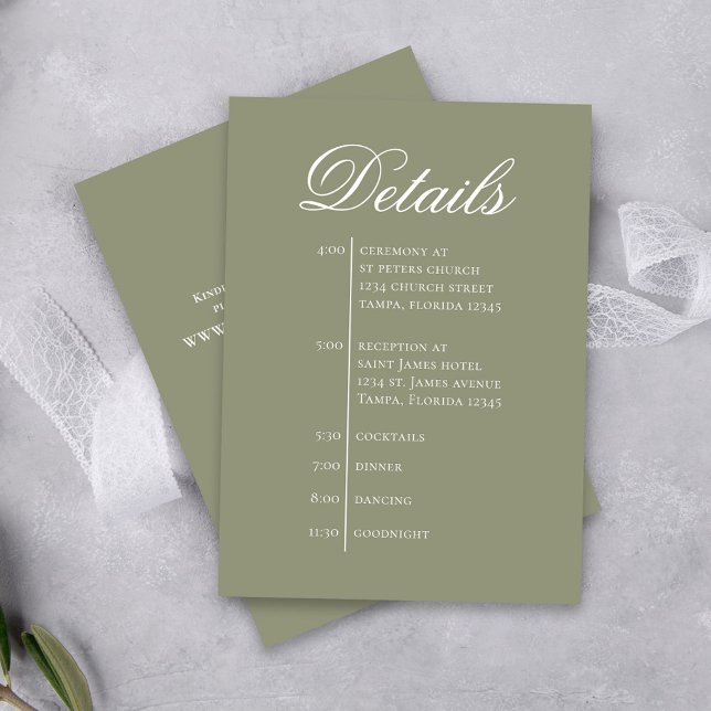 Carte D'accompagnement Green Wedding Timeline Details Simple RSVP (Elegant green wedding enclosure details card. With simple timeline.)