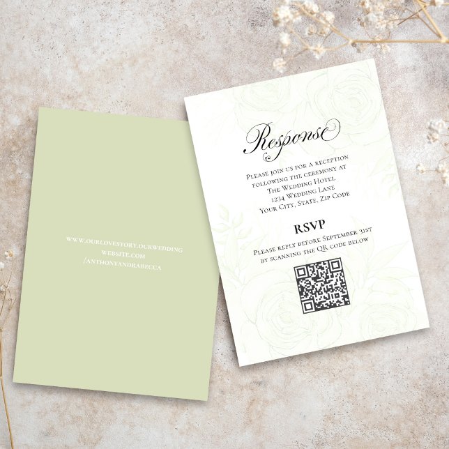 Carte D'accompagnement Greenery Script Wedding QR Code RSVP Card (Light sage green wedding website card with minimalist text and modern layout.)