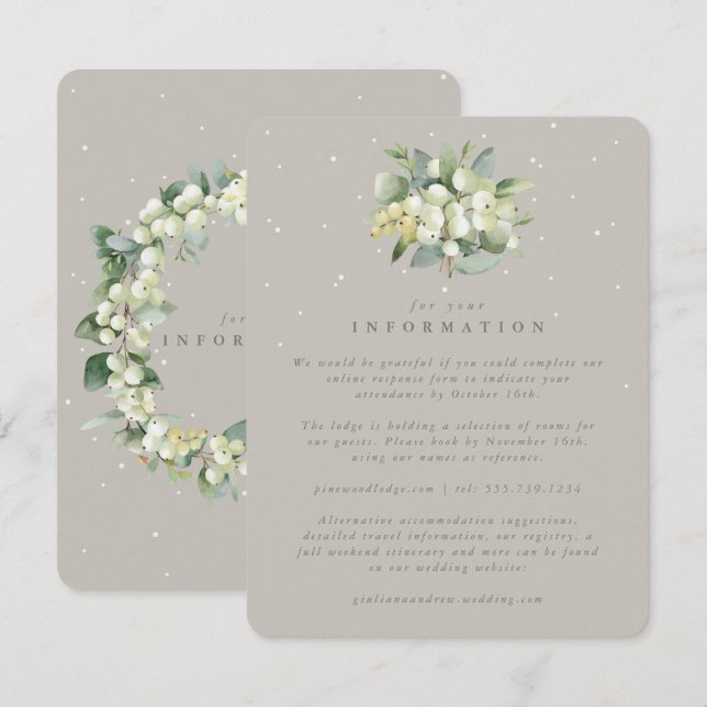 Carte D'accompagnement Greige Snowberry+Eucalyptus Bouquet Info Mariage (Devant / Derrière)